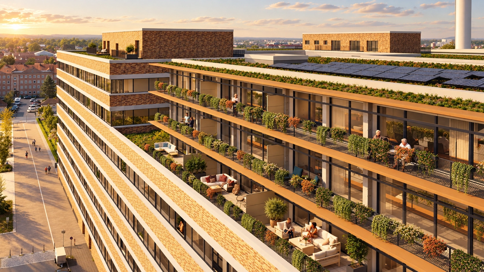 Dachterrassen und Gebäudestruktur · KI-generierte Simulation